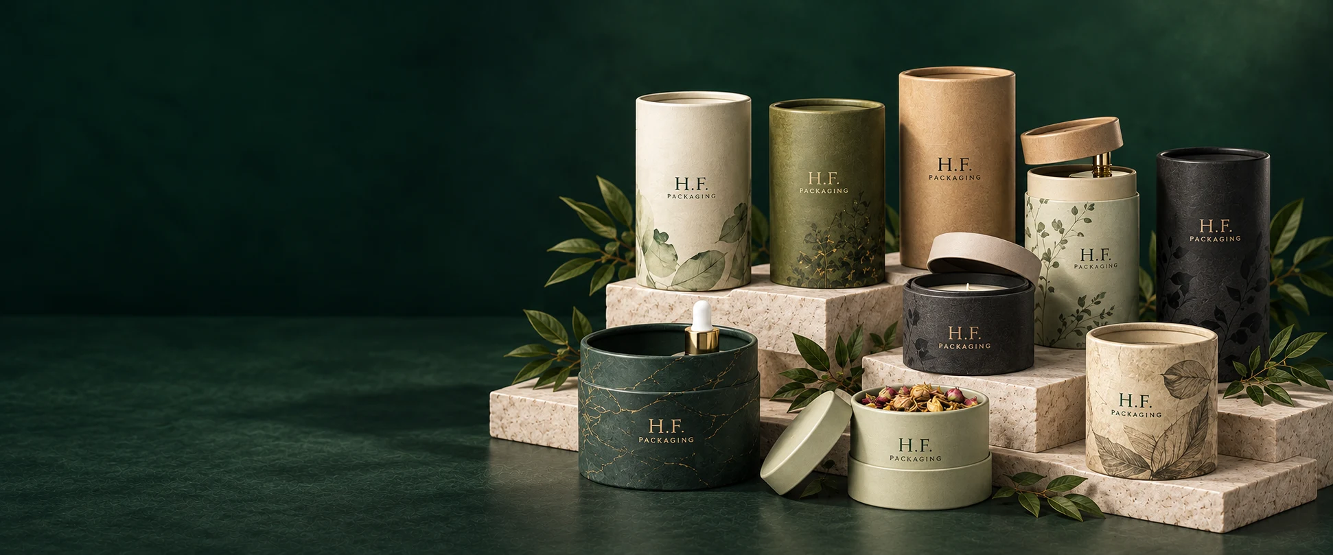 Complete sage green H.F Packaging boxes and lids against a deep forest green background