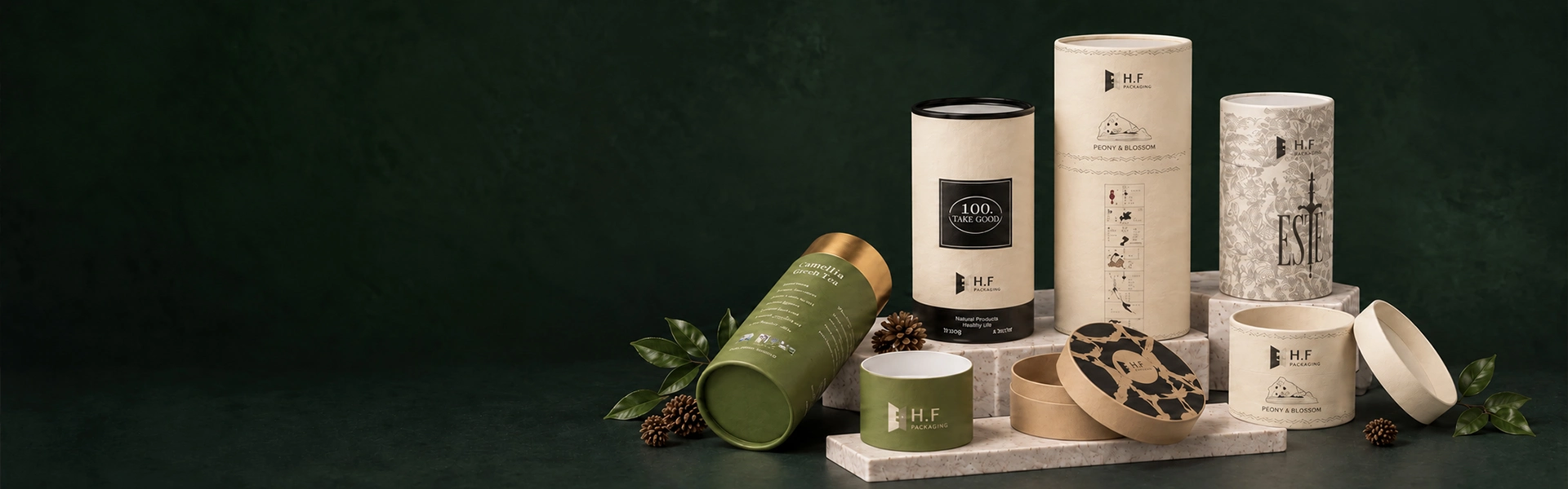 H.F Packaging paper tubes and rigid gift boxes in sage green and ivory